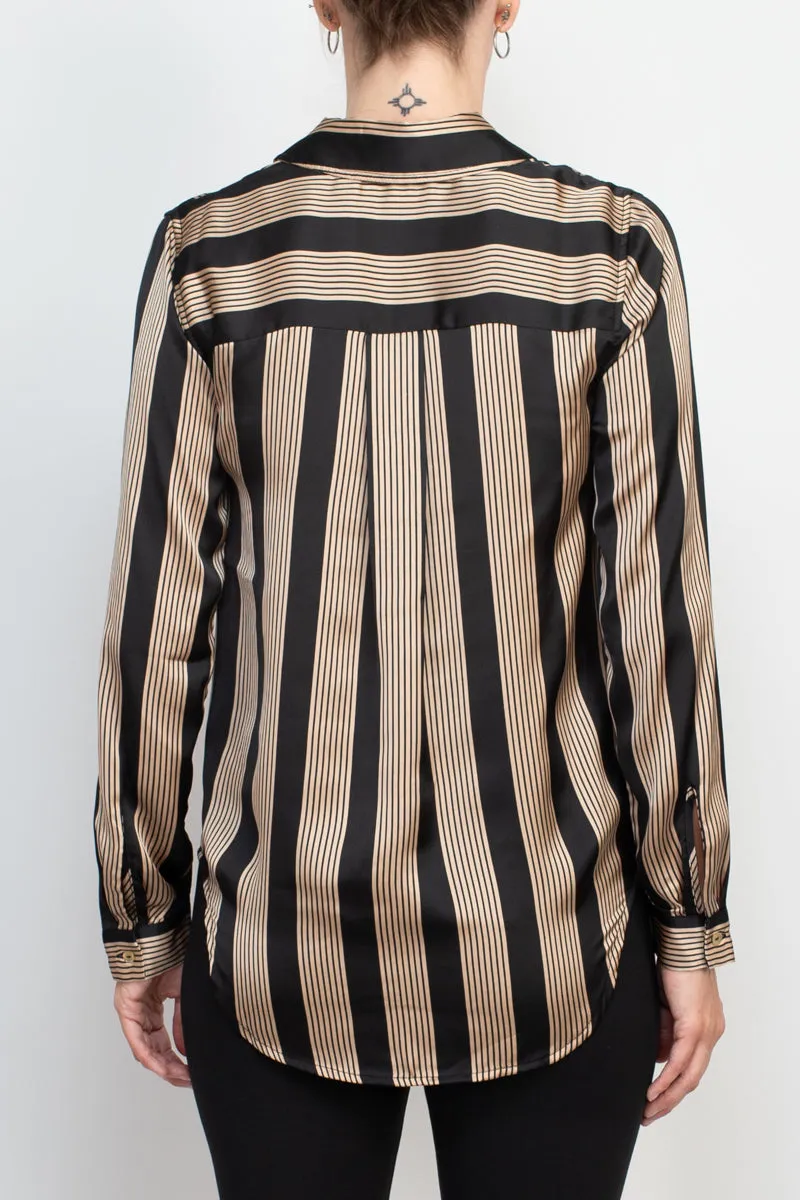 T Tahari collared long sleeve button front closure stripe print shirt