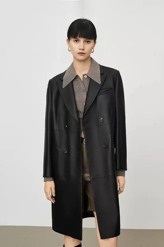 Vintage Double-breasted Leather Trench Coat
