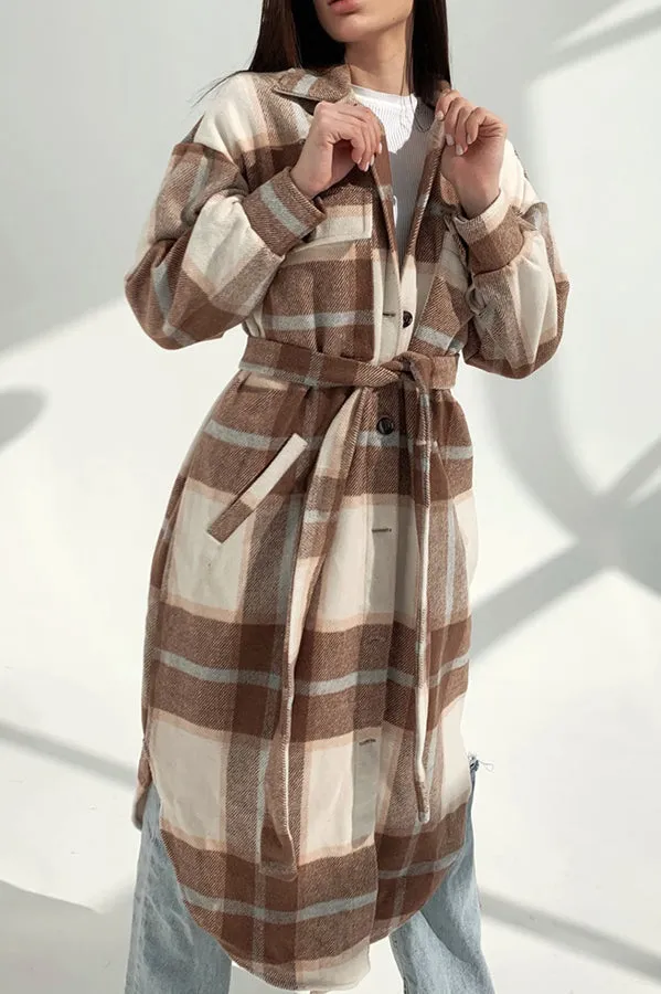 Warm on Up Belted Plaid Midi Coat