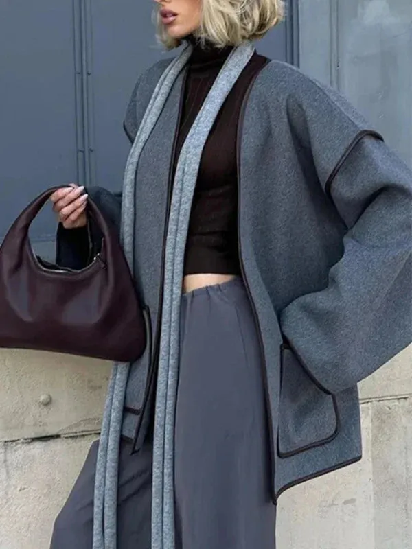 Wenkouban-Winter outfits Christmas V-Neck Faux Leather Trim Pocket Coat with Belt