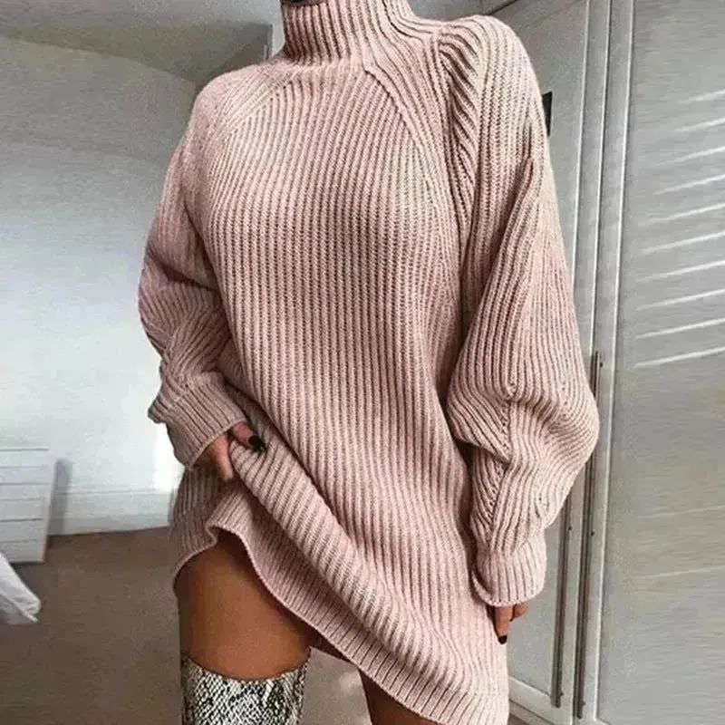 Winter Solid Mini Jumper Dress Turtleneck Sweater Dress