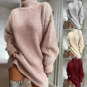 Winter Solid Mini Jumper Dress Turtleneck Sweater Dress