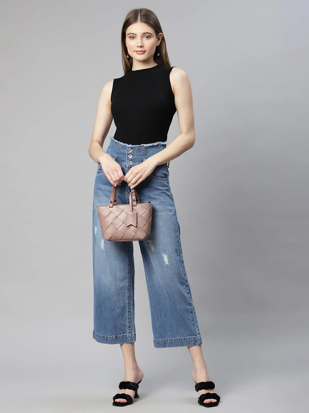 Women Double Waistband Distressed Mid Calf Length Jeans