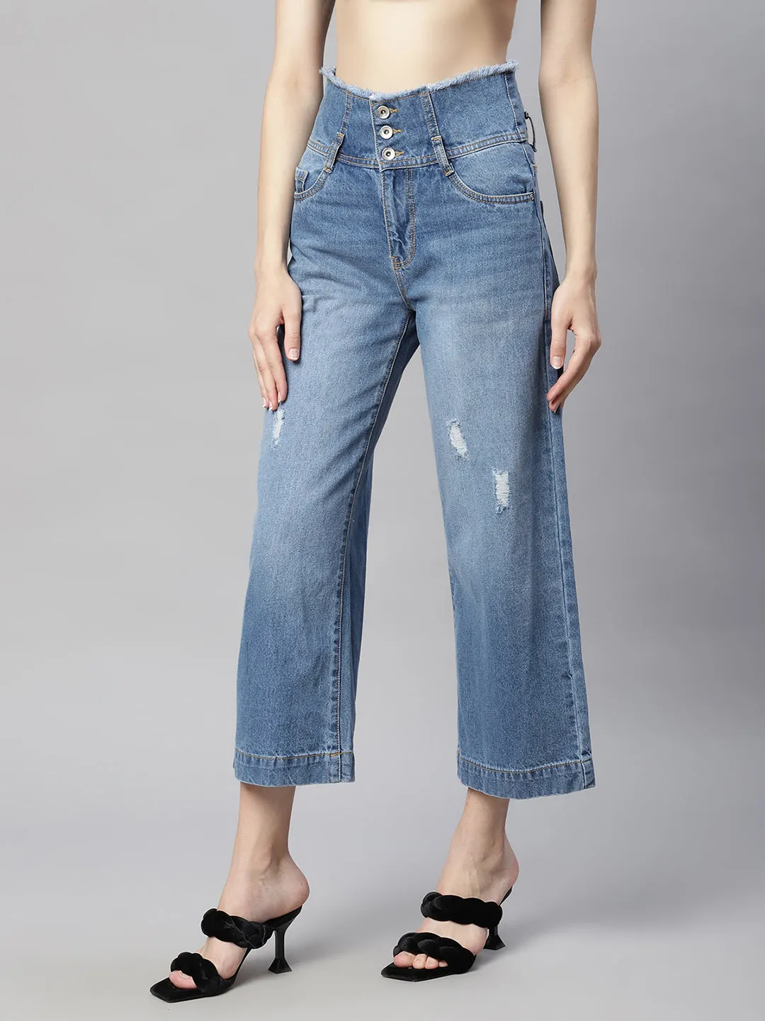 Women Double Waistband Distressed Mid Calf Length Jeans