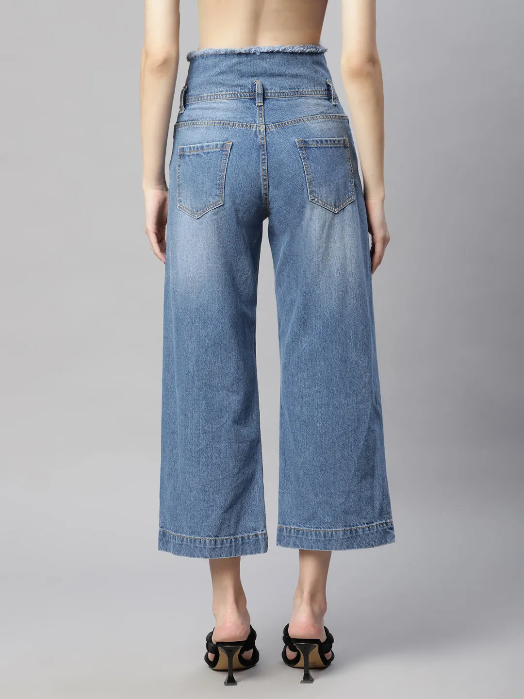 Women Double Waistband Distressed Mid Calf Length Jeans