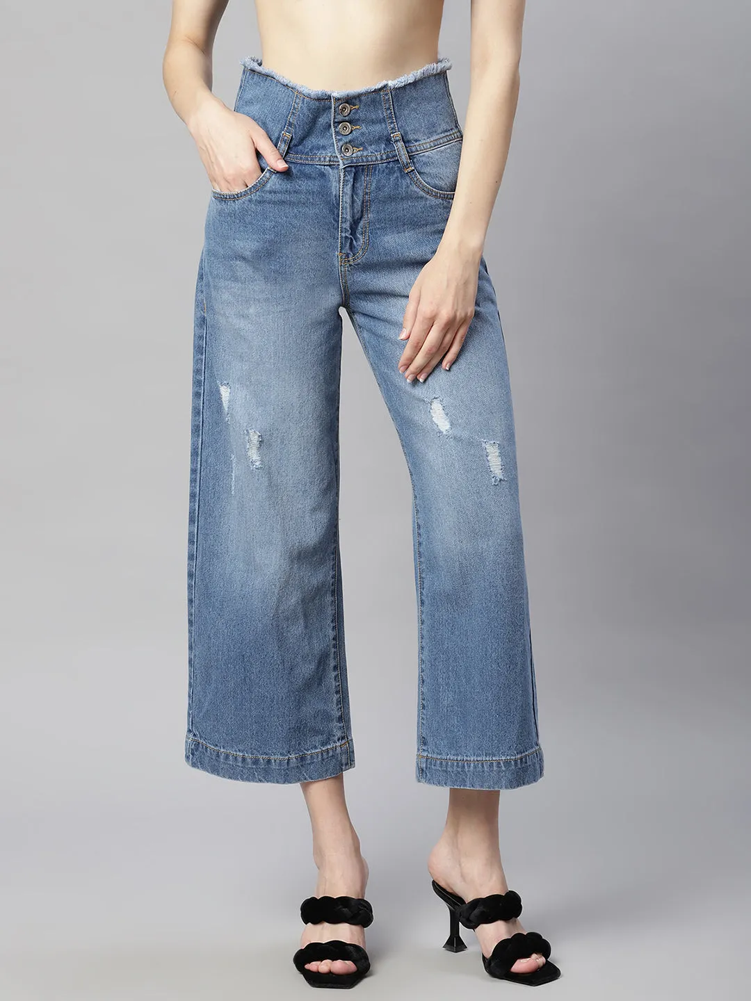 Women Double Waistband Distressed Mid Calf Length Jeans