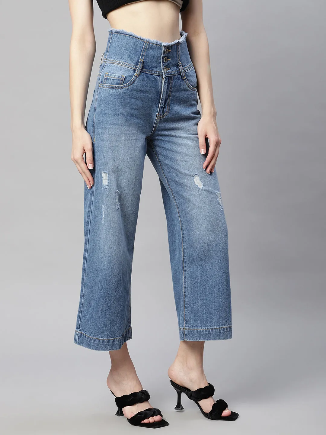Women Double Waistband Distressed Mid Calf Length Jeans