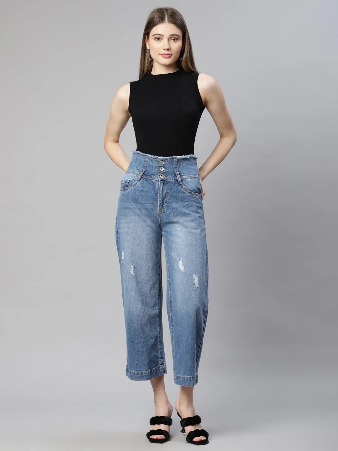 Women Double Waistband Distressed Mid Calf Length Jeans