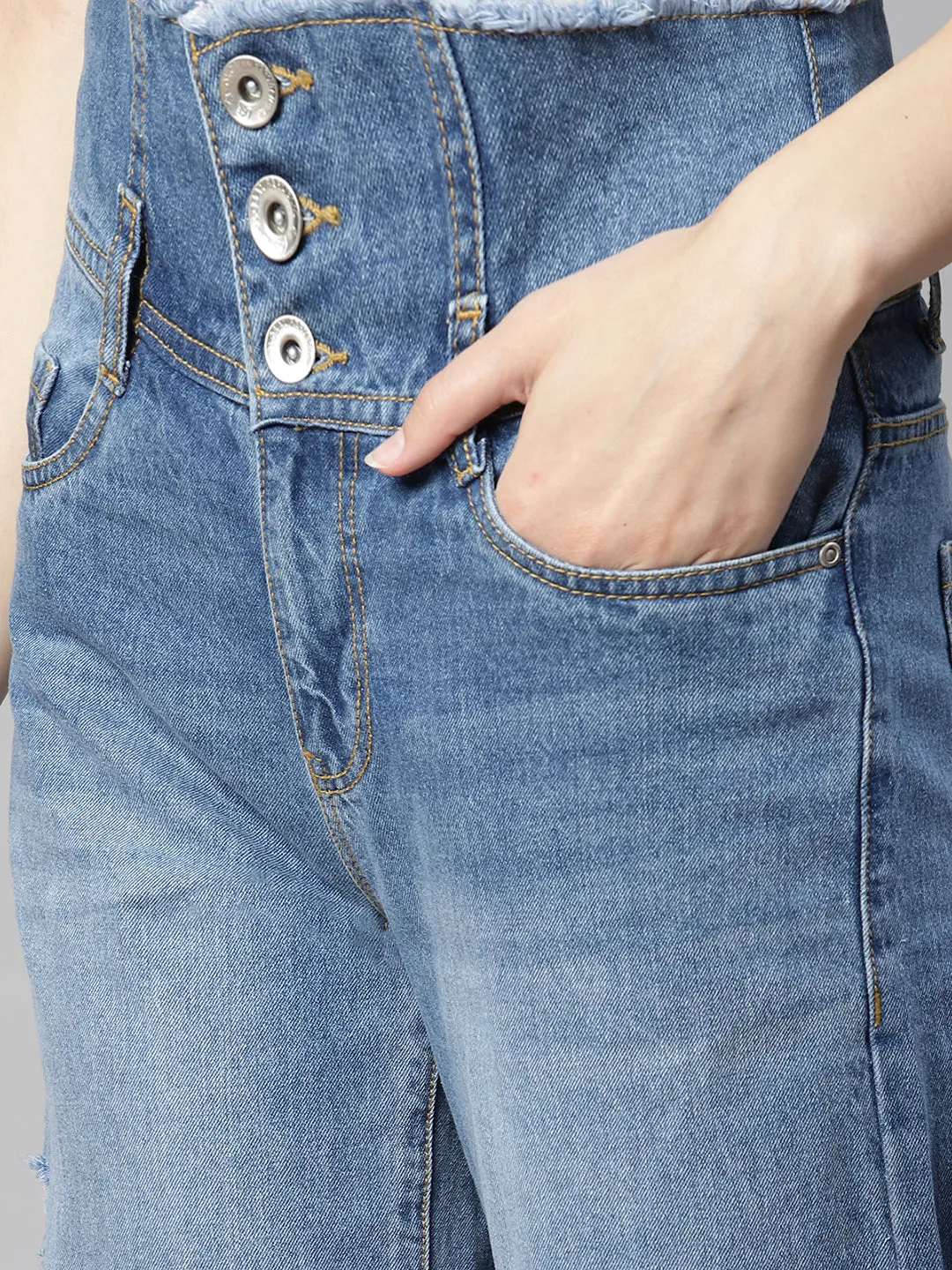 Women Double Waistband Distressed Mid Calf Length Jeans