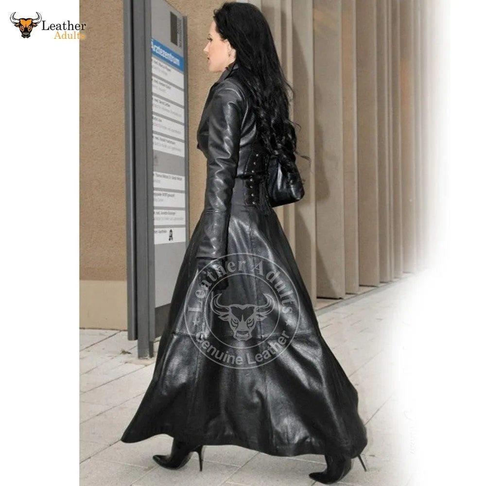 Womens Ladies Black Pure Lambskin Nappa Leather Long Leather Dress Gown Suit Gothic Trench Coat