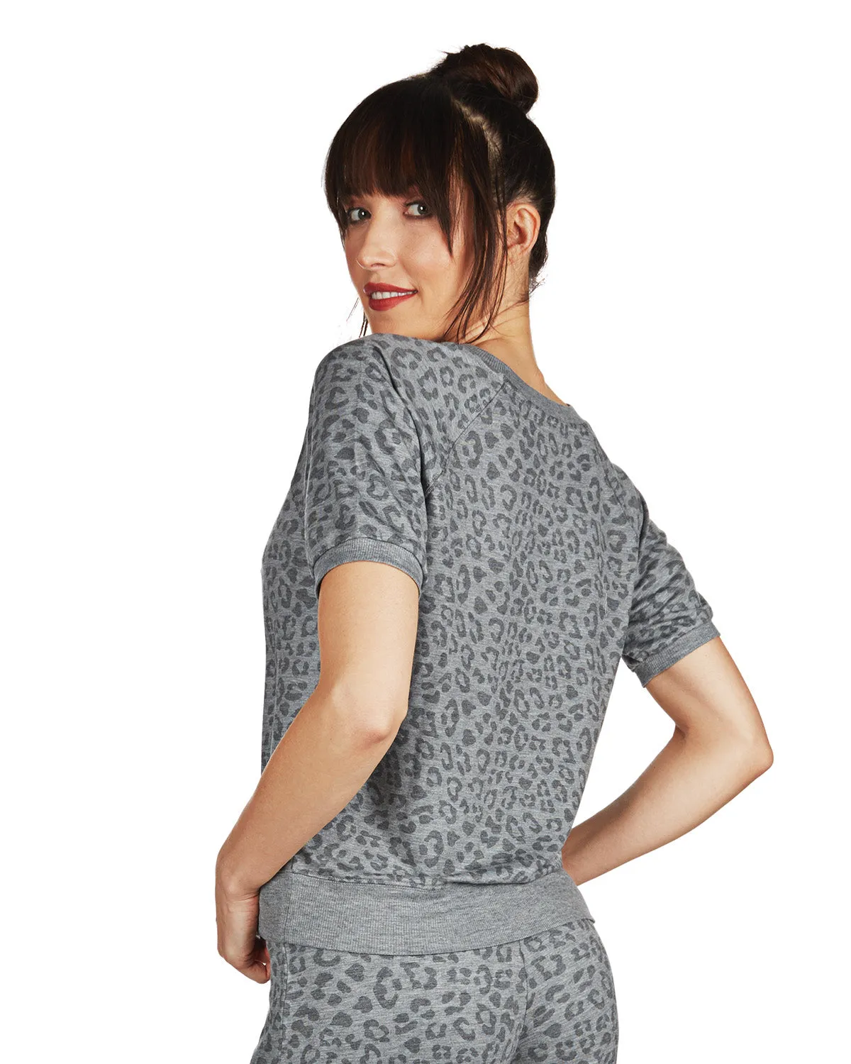 Women's Terry Lounge Leopard Print Short Sleeve Sweatshirt