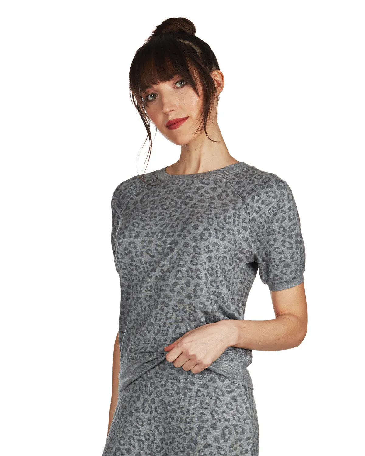 Women's Terry Lounge Leopard Print Short Sleeve Sweatshirt