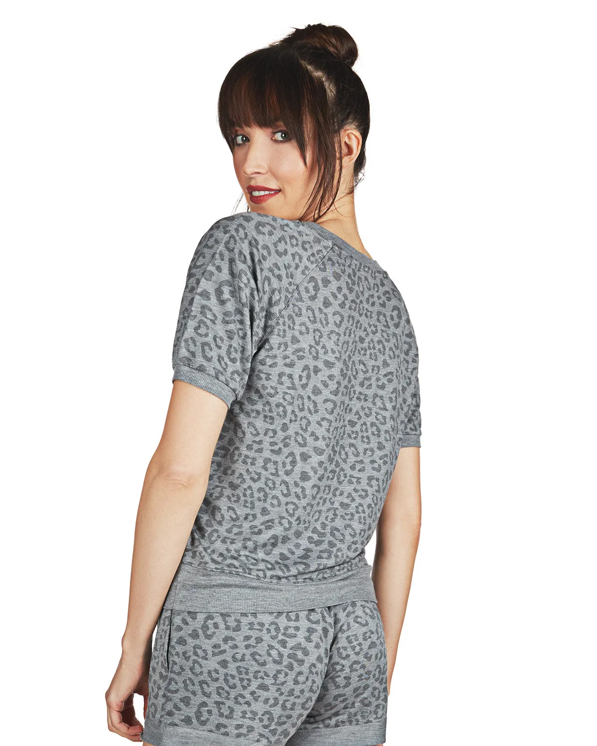 Women's Terry Lounge Leopard Print Short Sleeve Sweatshirt
