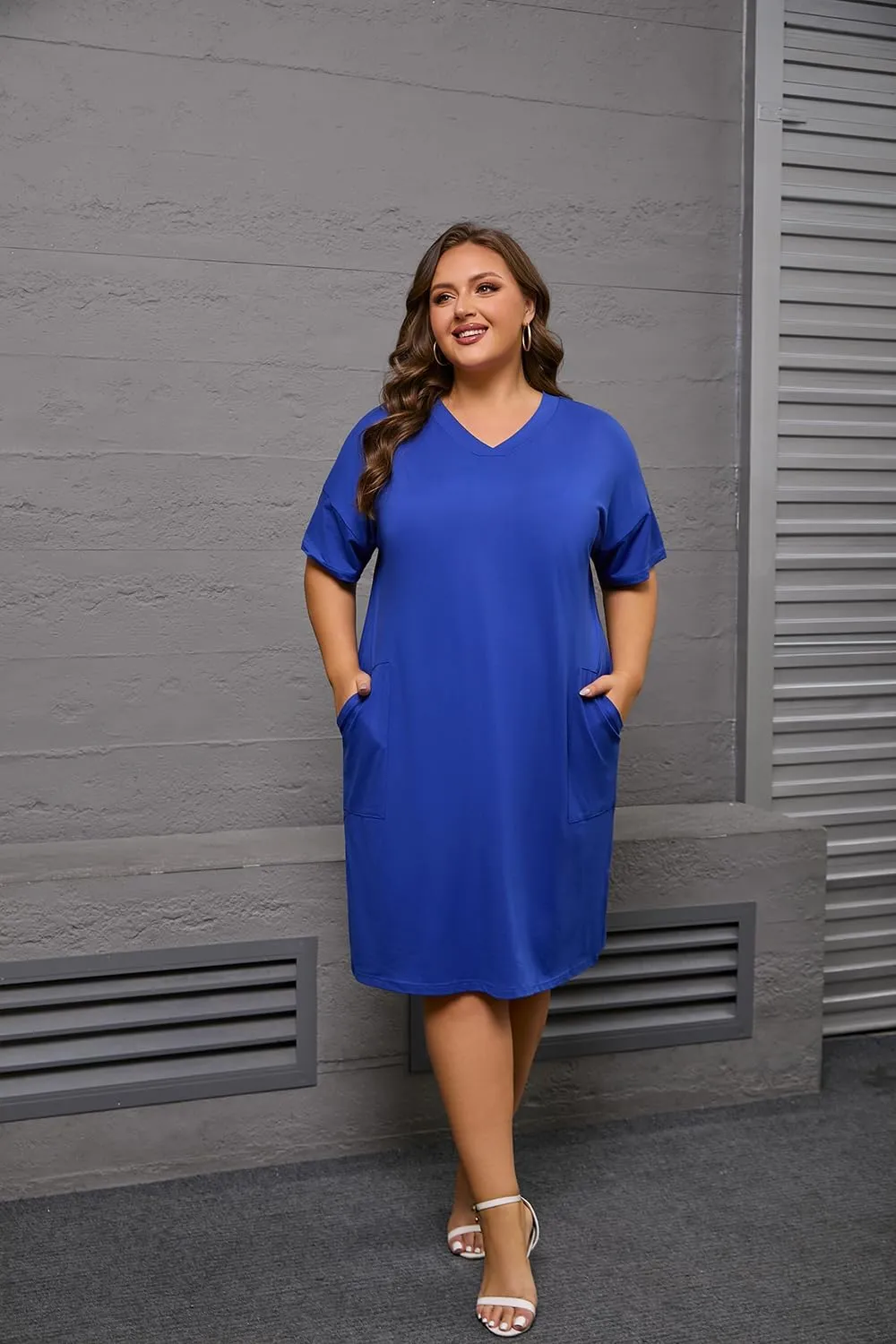 YeGine Women's Plus Size Casual Midi Dresses Short Sleeve T Shirt Dress with Pockets
